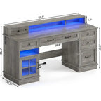 Scrivania Direzionale Rustica con Cassetti, Presa di Corrente, Luci LED e Ripiano per Monitor – Scrivania da Ufficio Domestico da 59"