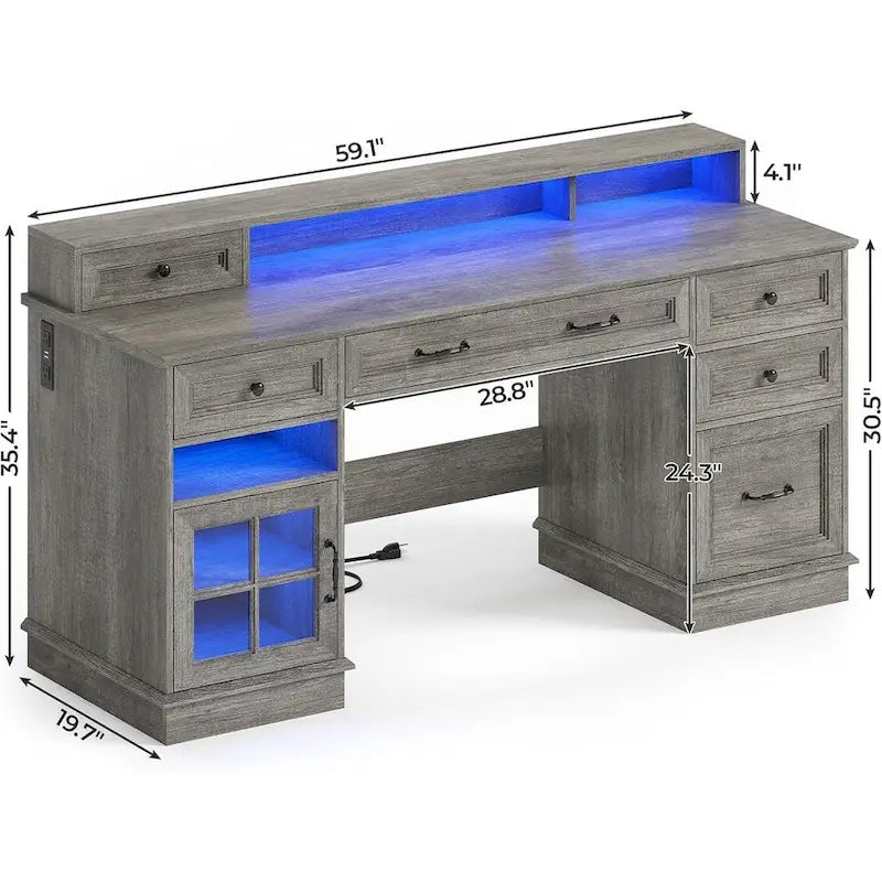 Scrivania Direzionale Rustica con Cassetti, Presa di Corrente, Luci LED e Ripiano per Monitor – Scrivania da Ufficio Domestico da 59"