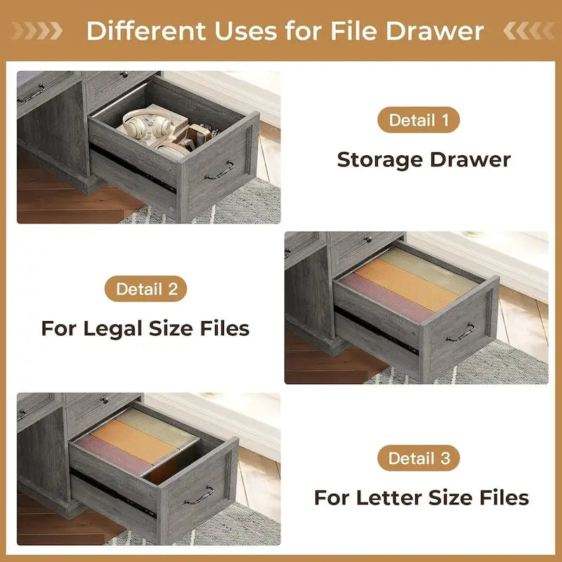 Scrivania Direzionale Rustica con Cassetti, Presa di Corrente, Luci LED e Ripiano per Monitor – Scrivania da Ufficio Domestico da 59"