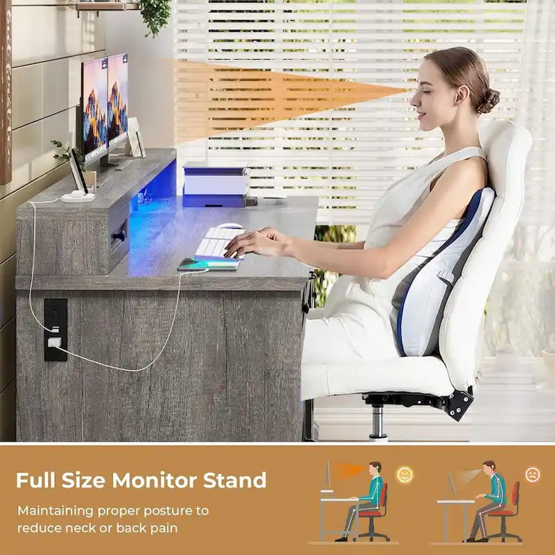 Scrivania Direzionale Rustica con Cassetti, Presa di Corrente, Luci LED e Ripiano per Monitor – Scrivania da Ufficio Domestico da 59"