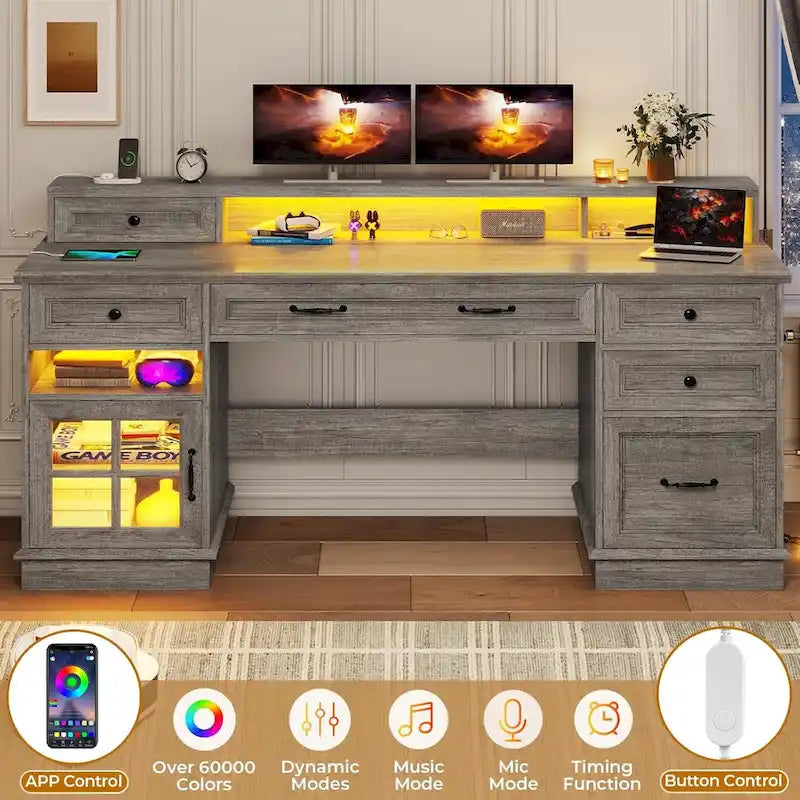 Scrivania Direzionale Rustica con Cassetti, Presa di Corrente, Luci LED e Ripiano per Monitor – Scrivania da Ufficio Domestico da 59"
