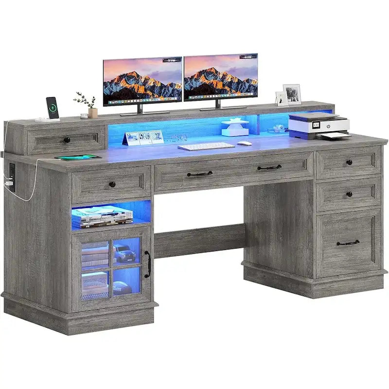 Scrivania Direzionale Rustica con Cassetti, Presa di Corrente, Luci LED e Ripiano per Monitor – Scrivania da Ufficio Domestico da 59"