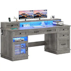 Scrivania Direzionale Rustica con Cassetti, Presa di Corrente, Luci LED e Ripiano per Monitor – Scrivania da Ufficio Domestico da 59"