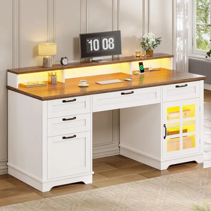 Scrivania Direzionale Rustica con Cassetti, Presa di Corrente, Luci LED e Ripiano per Monitor – Scrivania da Ufficio Domestico da 59"