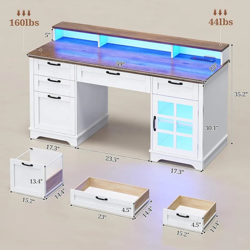 Scrivania Direzionale Rustica con Cassetti, Presa di Corrente, Luci LED e Ripiano per Monitor – Scrivania da Ufficio Domestico da 59"