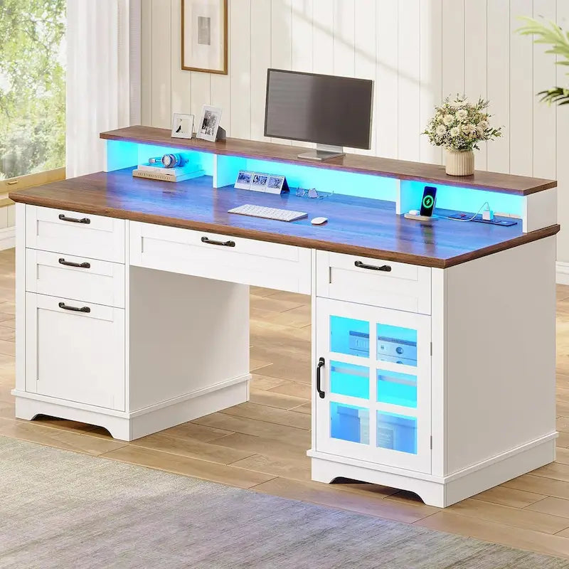 Scrivania Direzionale Rustica con Cassetti, Presa di Corrente, Luci LED e Ripiano per Monitor – Scrivania da Ufficio Domestico da 59"