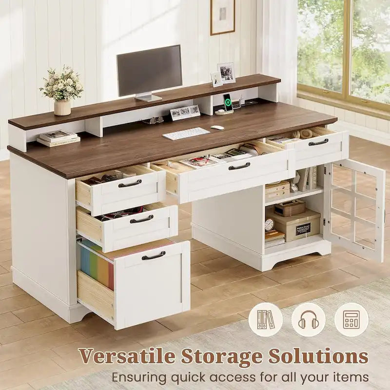 Scrivania Direzionale Rustica con Cassetti, Presa di Corrente, Luci LED e Ripiano per Monitor – Scrivania da Ufficio Domestico da 59"