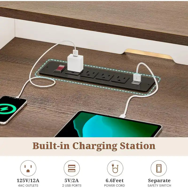 Scrivania Direzionale Rustica con Cassetti, Presa di Corrente, Luci LED e Ripiano per Monitor – Scrivania da Ufficio Domestico da 59"