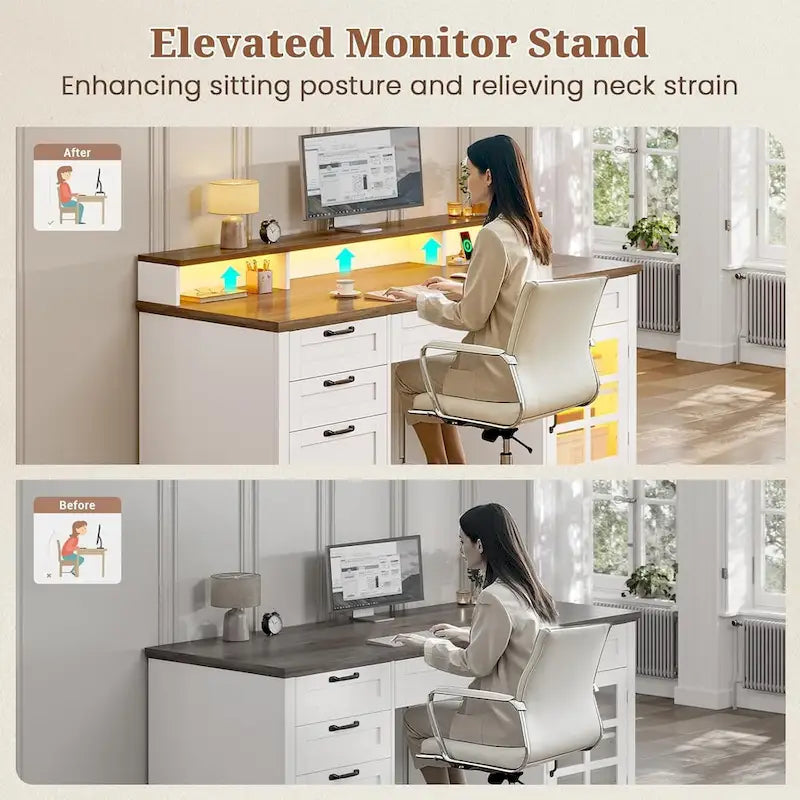 Scrivania Direzionale Rustica con Cassetti, Presa di Corrente, Luci LED e Ripiano per Monitor – Scrivania da Ufficio Domestico da 59"